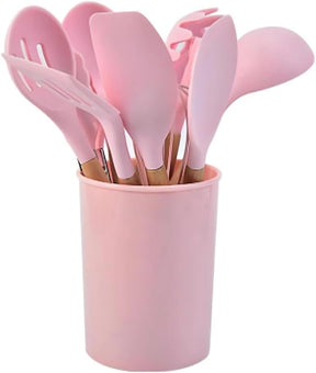 Kit Utensílios de Cozinha em Silicone e Madeira Antiaderente Branco 12 Peças