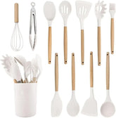 Kit Utensílios de Cozinha em Silicone e Madeira Antiaderente Branco 12 Peças