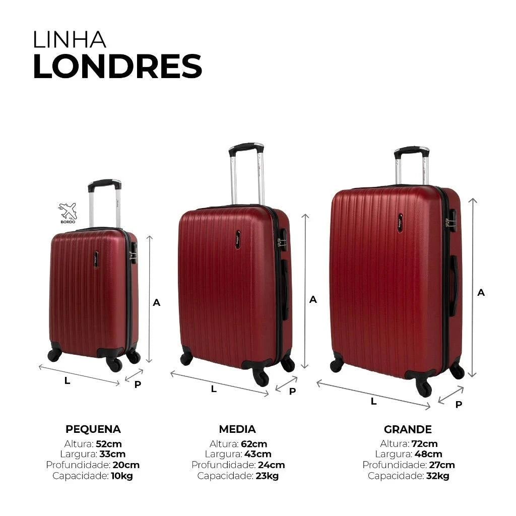 Kit mala de viagem ABS pequena 10kg, média e grande 4 rodas 360º Londres Swiss Move