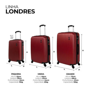 Kit mala de viagem ABS pequena 10kg, média e grande 4 rodas 360º Londres Swiss Move