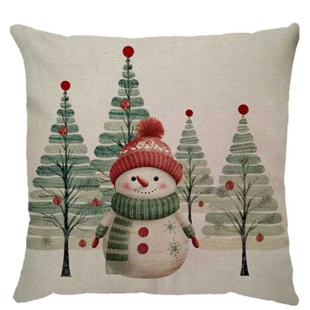 Capa de Almofada Natalina Decoração de Natal Festa Enfeite Papai Noel Renas Boneco de Neve Linho Estampado 43x43cm