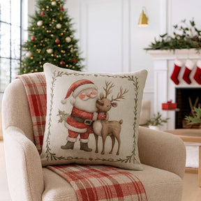 Capa de Almofada Natalina Decoração de Natal Festa Enfeite Papai Noel Renas Boneco de Neve Linho Estampado 43x43cm